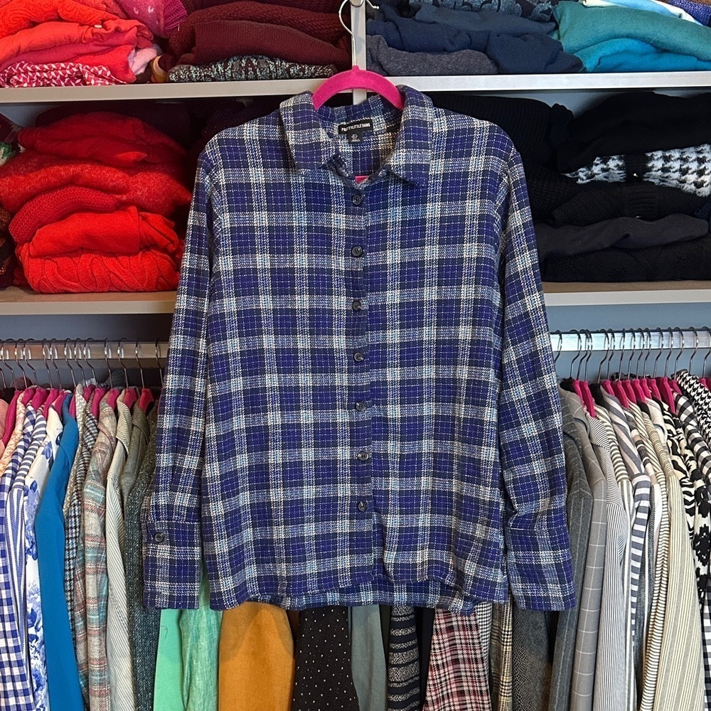 PrettyLittleThing blue/white plaid long sleeve button down flannel shirt size 0